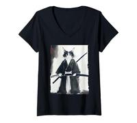 Femme Samouraï Chat Japonais Encre Art Drôle Guerrier Épéiste Cadeau T-Shirt avec Col en V