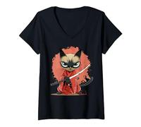 Femme Samouraï Chat Japonais Kawaii Ninja Chat Siamois T-Shirt avec Col en V