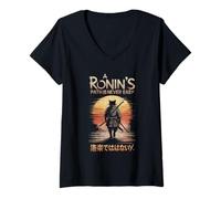 Femme Samouraï Chat Ronin Chemin Guerrier Coucher de Soleil Voyage Japonais T-Shirt avec Col en V