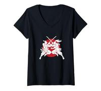 Femme Samouraï Duel Silhouette Soleil Rouge T-Shirt avec Col en V