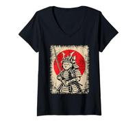 Femme Samouraï Japonais Cat Warrior Kawaii Ninja Ukiyo-e Art Anime T-Shirt avec Col en V