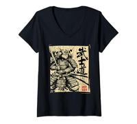Femme Samouraï Japonais Cat Warrior Vintage Ukiyo-e Art Anime T-Shirt avec Col en V
