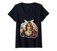 Femme Samouraï Japonais Mangeant des Nouilles Ramen Amant Guerrier Japonais T-Shirt avec Col en V
