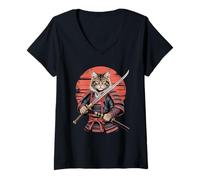 Femme Samouraï Maine Coon Katana Épée American Longhair T-Shirt avec Col en V