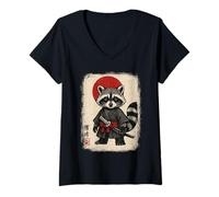 Femme Samouraï Raton Laveur Guerrier Japonais Vintage Art Anime T-Shirt avec Col en V