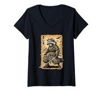 Femme Samouraï Raton Laveur Warrior Épée Animal Art Japonais Ninja T-Shirt avec Col en V