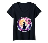 Femme Samouraï Silhouette Moonlight Cherry Blossoms Ninja Japonais T-Shirt avec Col en V