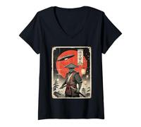Femme Samurai Alien Japon Vintage UFO Warrior Ukiyo-e Art T-Shirt avec Col en V