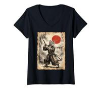 Femme Samurai Cat Anime Japanese Art Funny Graphic Ukiyo-e Art T-Shirt avec Col en V