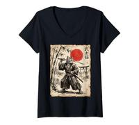 Femme Samurai Cat Anime Japanese Art Funny Graphic Ukiyo-e Art T-Shirt avec Col en V