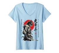 Femme Samurai Cat Anime Japonais Samouraï T-Shirt avec Col en V