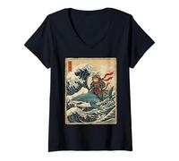 Femme Samurai Cat Riding Shark Great Wave Art Japonais Osaka T-Shirt avec Col en V