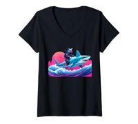 Femme Samurai Cat Riding Shark Kawaii Anime Japonais Cyberpunk T-Shirt avec Col en V