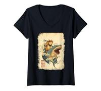Femme Samurai Cat Shirt - Retro Ninja Japanese Cat Shark Kanagawa T-Shirt avec Col en V
