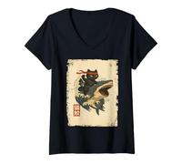 Femme Samurai Cat Shirt - Retro Ninja Japanese Cat Shark Kanagawa T-Shirt avec Col en V