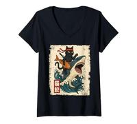 Femme Samurai Cat Shirt - Retro Ninja Japanese Cat Shark Kanagawa T-Shirt avec Col en V