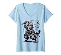 Femme Samurai Cat Warrior Anime Chat de Style Japonais T-Shirt avec Col en V