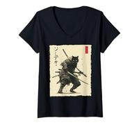 Femme Samurai Cat Warrior Ink Artwork Kawaii Anime Cat Samourai T-Shirt avec Col en V