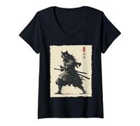 Femme Samurai Cat Warrior Ink Artwork Kawaii Anime Cat Samourai T-Shirt avec Col en V