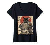 Femme Samurai Cat Warrior Ink Artwork Kawaii Anime Cat Samourai T-Shirt avec Col en V