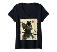 Femme Samurai Cat Warrior Ink Artwork Kawaii Anime Cat Samourai T-Shirt avec Col en V