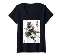 Femme Samurai Cat Warrior Ink Artwork Kawaii Anime Cat Samourai T-Shirt avec Col en V