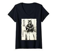 Femme Samurai Cat Warrior Japanese Art Feline Katana T-Shirt avec Col en V