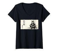 Femme Samurai Cat Warrior Japanese Art Feline Katana T-Shirt avec Col en V