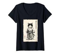 Femme Samurai Cat Warrior Kawaii Anime Japonais Chat Samouraï T-Shirt avec Col en V