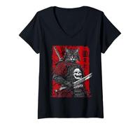 Femme Samurai Cat Warrior Ukiyo Ink Artwork Soldat Cat Samourai T-Shirt avec Col en V
