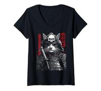 Femme Samurai Cat Warrior Ukiyo Ink Artwork Soldat Cat Samourai T-Shirt avec Col en V