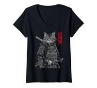 Femme Samurai Cat Warrior Ukiyo Ink Artwork Soldat Cat Samourai T-Shirt avec Col en V