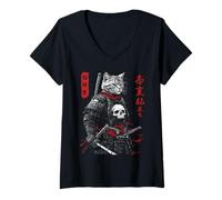 Femme Samurai Cat Warrior Ukiyo Ink Artwork Soldat Cat Samourai T-Shirt avec Col en V
