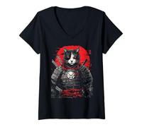 Femme Samurai Cat Warrior Ukiyo Ink Artwork Soldat Cat Samourai T-Shirt avec Col en V