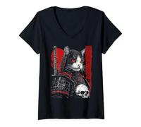 Femme Samurai Cat Warrior Ukiyo Ink Artwork Soldat Cat Samourai T-Shirt avec Col en V