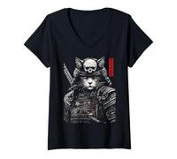 Femme Samurai Cat Warrior Ukiyo Ink Artwork Soldat Cat Samourai T-Shirt avec Col en V