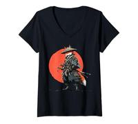 Femme Samurai Fox Guerrier Japonais Ukiyo-e Coucher de Soleil T-Shirt avec Col en V