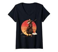 Femme Samurai Fox Guerrier Japonais Ukiyo-e Style Vintage T-Shirt avec Col en V