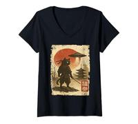 Femme Samurai Ninja Cat Warrior Sumi-e UFO Ukiyo-e Sci Fi Japanese T-Shirt avec Col en V