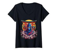 Femme Samurai Ninja with Katana and Cherry Blossoms and Torii Gate T-Shirt avec Col en V