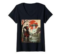 Femme Samurai Panda UFO Alien Invasion Japonais Ukiyo-e T-Shirt avec Col en V