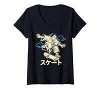Femme Samurai Skateboarder Japonais rétro Skate Culture T-Shirt avec Col en V