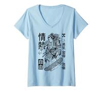 Femme Samurai Skater Skateboard Passion Freedom T-Shirt avec Col en V