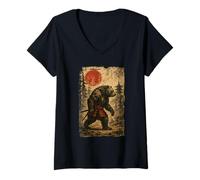 Femme Samurai Warrior Bear Japanese Vintage Graphic Ukiyo-e Art T-Shirt avec Col en V