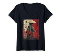 Femme Samurai Warrior Red Spider Lily Flower Anime Otaku Japonais T-Shirt avec Col en V