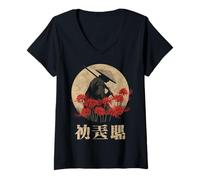 Femme Samurai Warrior Red Spider Lily Flower Anime Otaku Japonais T-Shirt avec Col en V