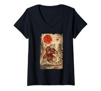 Femme Samurai Warrior Snow Leopard Japanese Vintage Graphic Humor T-Shirt avec Col en V