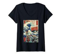 Femme Samurai Warriors Great Wave (Ukiyo-e Japonais) Katana Bushido T-Shirt avec Col en V
