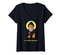 Femme San Charbel Makhlouf, Saint Moine Miracle, priez pour Nous ! T-Shirt avec Col en V
