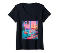Femme San Francisco Calico Cat GoldenGate Bridge Œuvre d'art rétro T-Shirt avec Col en V